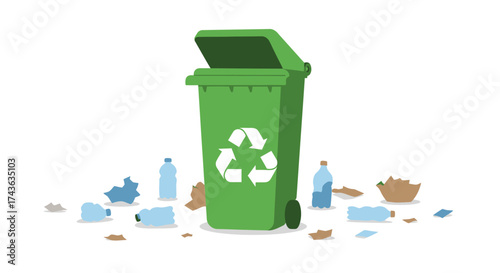 A green recycling bin with a recycling symbol is surrounded by scattered plastic bottles and paper debris