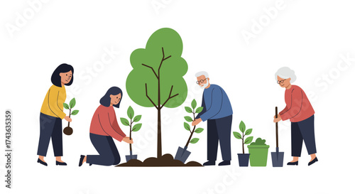 Diverse group of people planting trees and plants