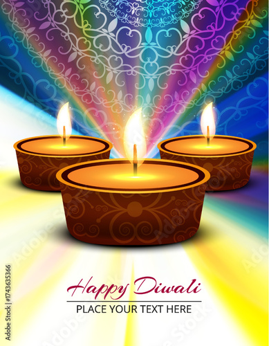 Happy Diwali Festival Background with Vibrant Trio of Glowing Diyas, Decorative Rangoli Patterns, Colorful Festive Lights, and Ornate Indian Celebration Design