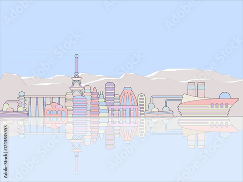 Retrofuturistic Cityscape Illustration. Utopian flat design skyline architecture