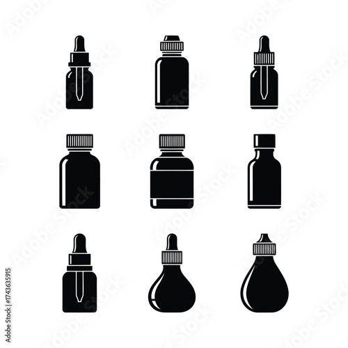 Black and White Vector Illustration of Essential Oil Dropper Bottles