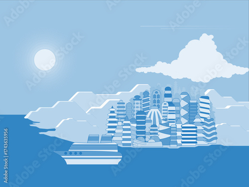 Retrofuturistic Cityscape Illustration. Utopian flat design skyline architecture