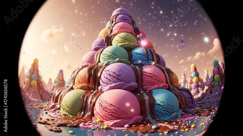 Tower of colorful ice cream scoops with chocolate sauce in a fantasy landscape.