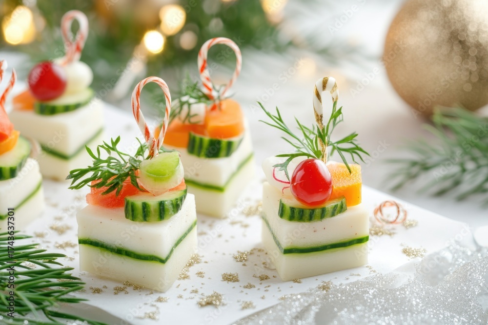 Obraz premium Festive holiday appetizers with cheese, vegetables, and herbs in a gift box style
