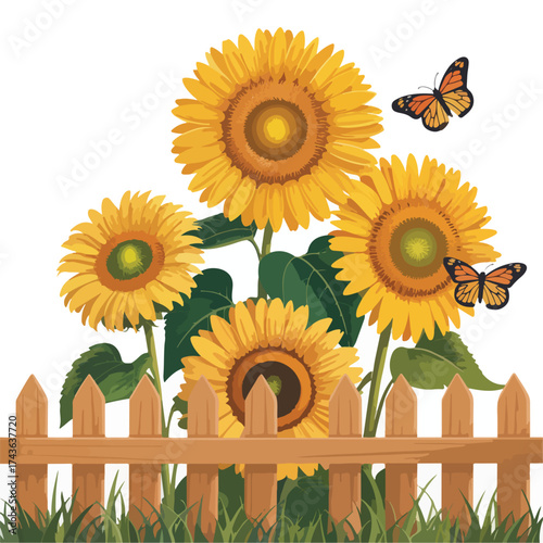 Sunflowers blooming on a wooden fence in a sunny summer garden