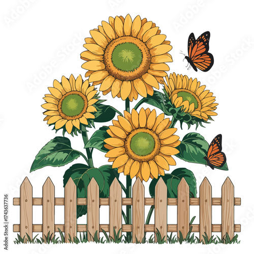 Sunflowers blooming along a wooden fence in summer garden