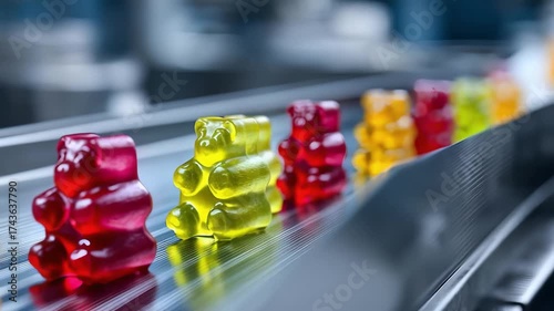 Colorful gummy bears lined up on a conveyor belt in a candy factory.