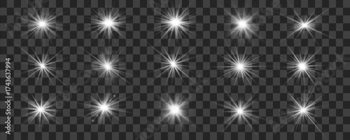 White glowing vector stars. Sparkling points, luminous shapes. Beautiful abstract stars on dark background. Glowing star patterns for design projects.