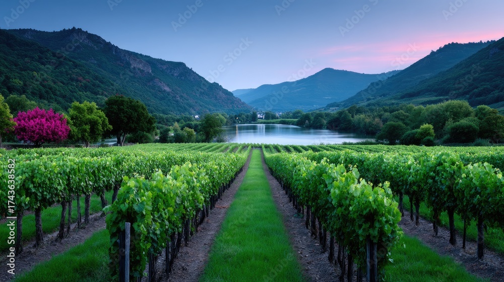 Fototapeta premium Lush Green Vineyard on Hillside with Mountain Backdrop Under Twilight Sky Landscape