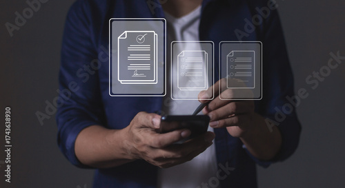 Young man with smartphone mobile hand touching to sign a Online Business Contract, Electronic signature, Contract signing, Digital documents, Future smart contract