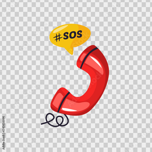 Red telephone receiver with a yellow sos speech bubble, ideal for emergency communicationrelated concepts and crisis management visuals.
