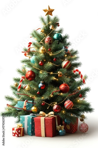 Festive christmas tree decorated with red ribbon, ornaments, and candy canes