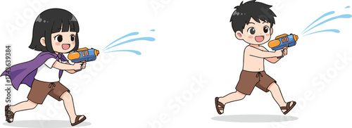 Cartoon children running with water guns, playful summer activity illustration showing fun, motion, friendship, outdoor energy, and childhood excitement