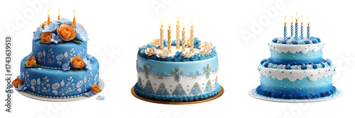 Set of Minimalist white birthday cake decorated with soft blue swirls on transparent png background. Ai generated