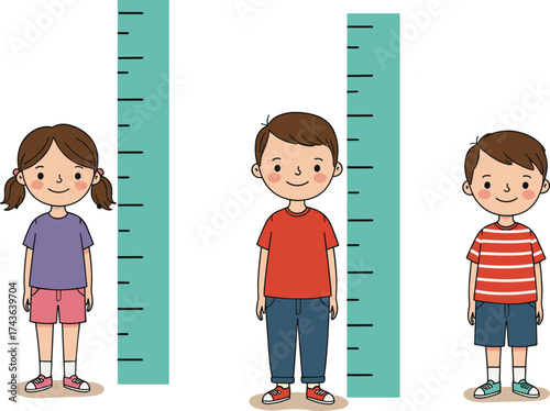 Cartoon children standing beside height measurement charts, growth comparison vector for pediatric education, school health check, and child development