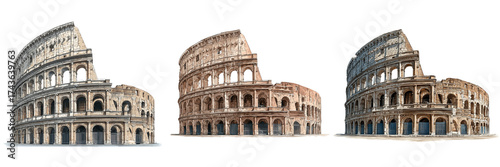 Set of Colorful artistic sketch of the Colosseum, detailed lines and shading on transparent png background. Ai generated