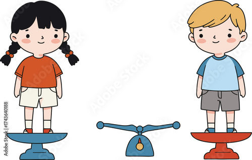 Cartoon children standing on balance scale, weight comparison vector for school health check, pediatric education, physical measurement, and child development