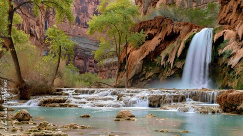 Natural Waterfall Wonders: Flowing Streams, Forested Mountains, and Moss-Covered Rocks in Outdoor Landscapes