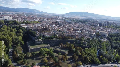 Aerial Drone Views of Pamplona Old Town, Navarre, Spain – Historic Cityscape with Medieval Streets and Rooftops