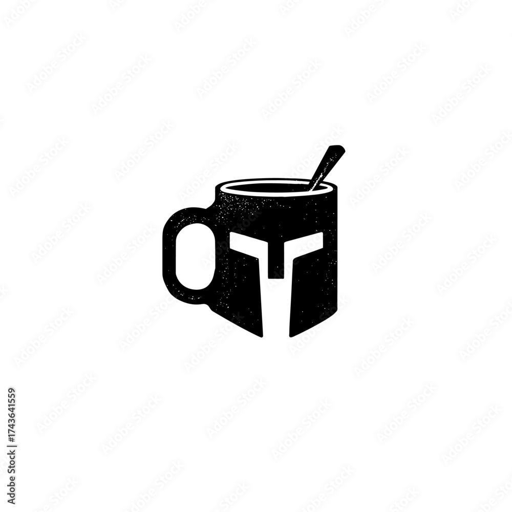 Obraz premium A black and white logo combines a mug and a Spartan helmet, with a spoon inside