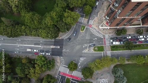 Aerial Drone View of Urban Traffic Intersection in Pamplona, Navarre, Spain – Cars and City Streets