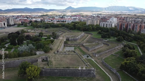Aerial Drone View of Pamplona City Center and Citadel Fortress, Navarre, Spain – Historic Architecture and Green Urban Park