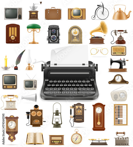 lots of different home big set of much objects retro old vintage items cartoon stock vector illustration isolated on white background