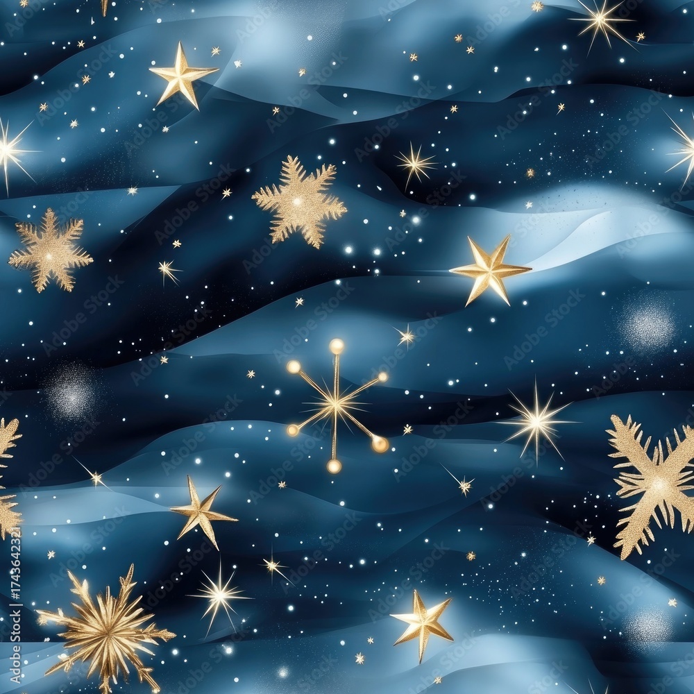 Fototapeta premium Elegant winter holiday pattern with gold snowflakes and festive ornaments on dark background