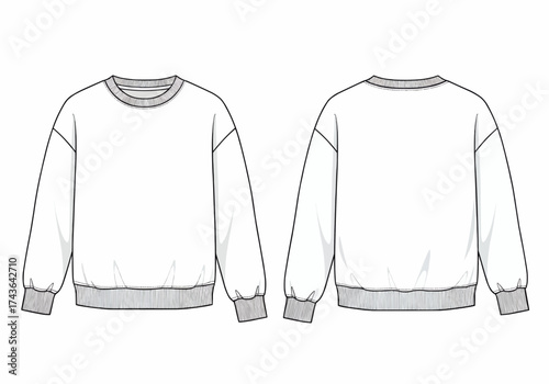 An illustration of a white sweatshirt shown from both the front and back sides