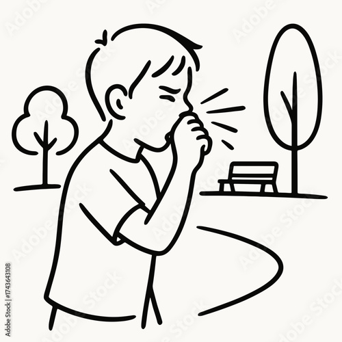 Boy sneezing in public park 
