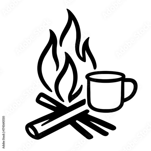 Campfire with enamel cup close-up