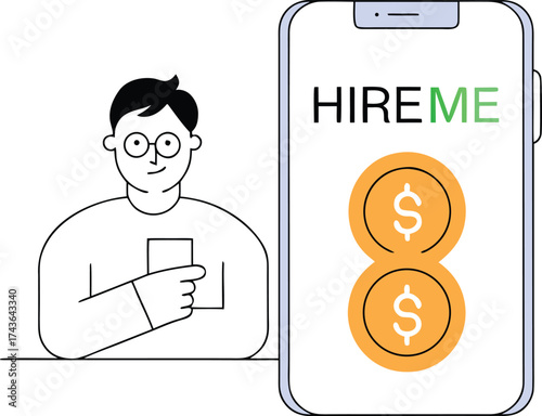 Young man with glasses uses smartphone app for job search and earning money vector