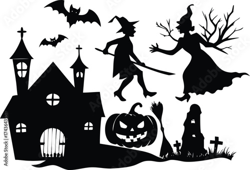 Halloween silhouette collection spooky night scene with witch bats haunted house pumpkin and graveyard vector