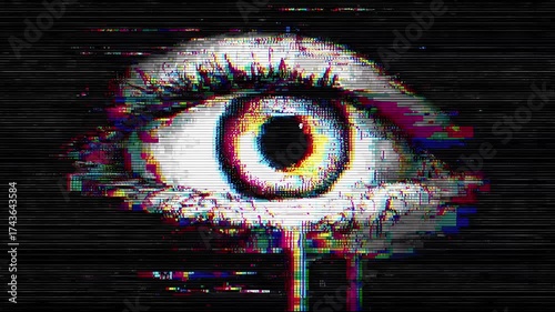 A series of colorful, glitchy eyes transforms on a black background, immersing viewers in a surreal digital experience filled with abstract visuals and captivating movements