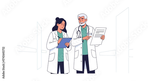 Two doctors in white coats discussing medical documents and patient charts in a modern clinic hallway