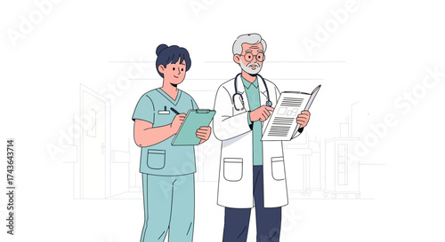 Medical Professionals A Doctor and Nurse Collaborating, Reviewing Documents, in a Healthcare Setting