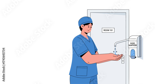 Medical professional diligently sanitizing hands with automatic dispenser, promoting vital hygiene and infection prevention protocols in healthcare settings