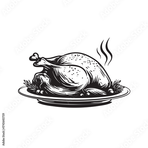 Roasted bird, maple leaf, man praying, and two turkey icons.