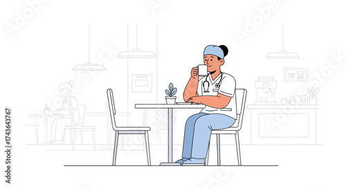 A nurse in scrubs sits at a table, drinking from a mug, with a stethoscope around her neck, taking a break in a cafe.