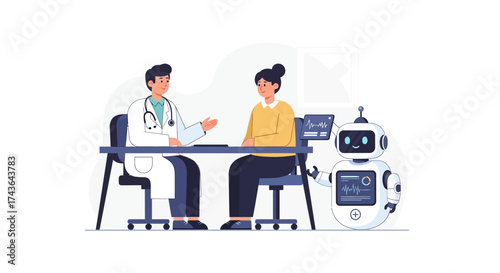 AI healthcare consultation Doctor, patient, and robotic assistant showcase technology's future in medicine and advanced patient care
