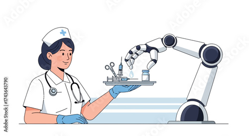 Nurse and Robot Arm Holding Medical Supplies Healthcare Technology and Assistance