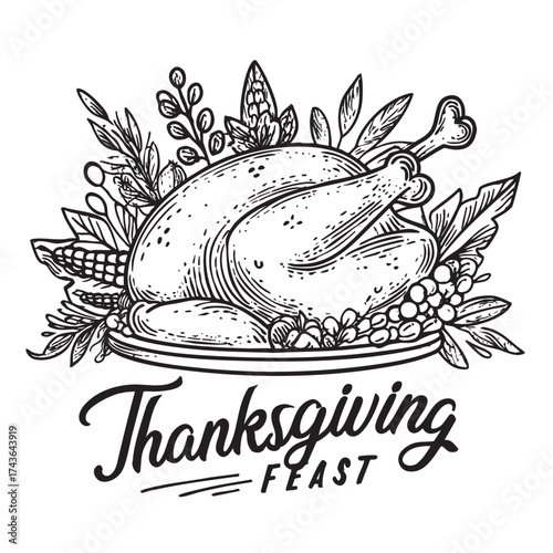 Roasted turkey platter with garnish and "Thanksgiving Feast" text.