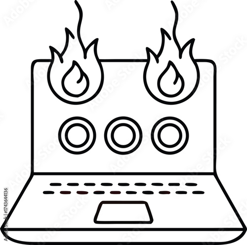Burning laptop screen icon representing overheating technology failure and digital danger vector
