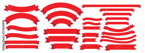A diverse collection of red ribbons and banners displayed in various shapes and styles for design and decoration purposes