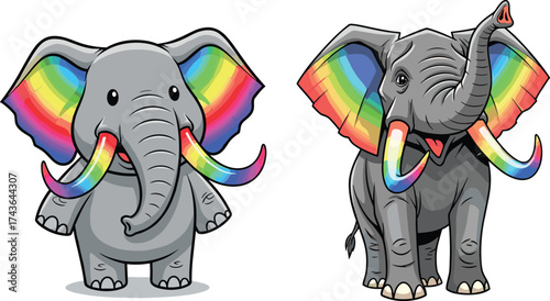 Cartoon elephants with rainbow ears and tusks, colorful animal vector illustration in chibi and realistic styles, playful children stock art