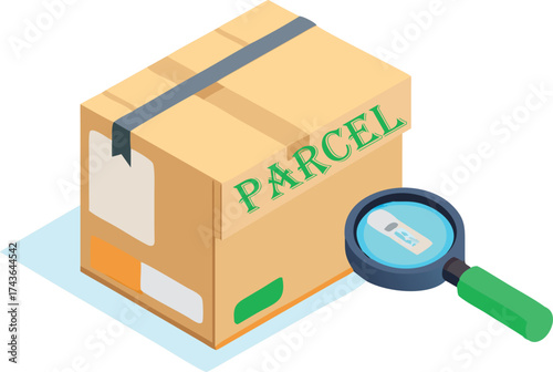 Isometric parcel box with magnifying glass for logistics and delivery tracking services vector