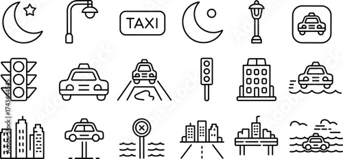Black and white line art icon set of city transport and taxi elements, modern urban travel symbols, minimalist vector design