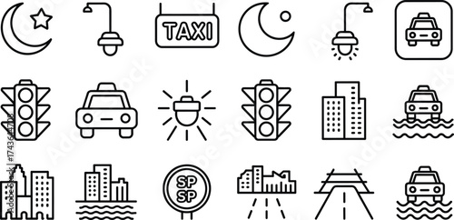 Black and white line art icon set of city transport and taxi elements, modern urban travel symbols, minimalist vector design
