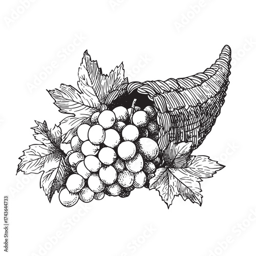 Hand-drawn cornucopia full of grapes and vine leaves.
