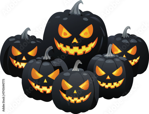 Group of glowing orange jack-o-lanterns with scary faces illuminated from within for halloween celebration vector